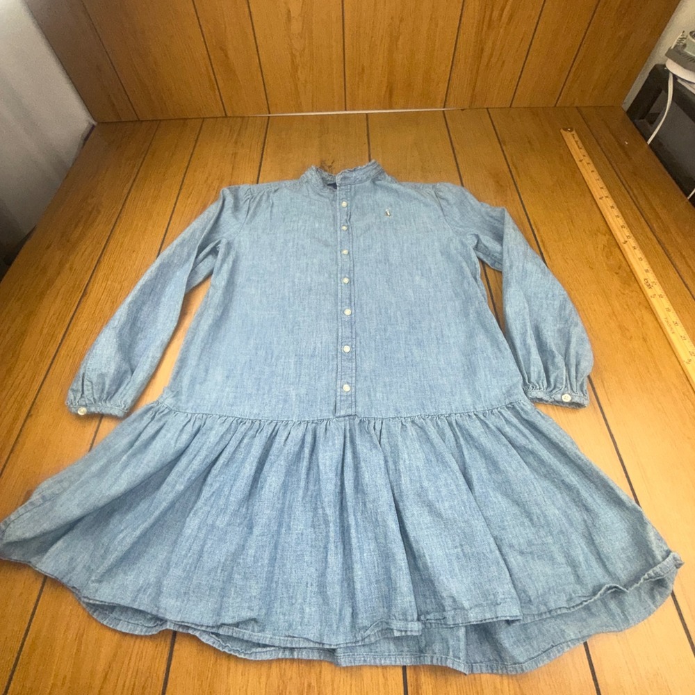 Polo Ralph Lauren Girls Blue Chambray Denim Ruffle Drop Waist Dress Size 12